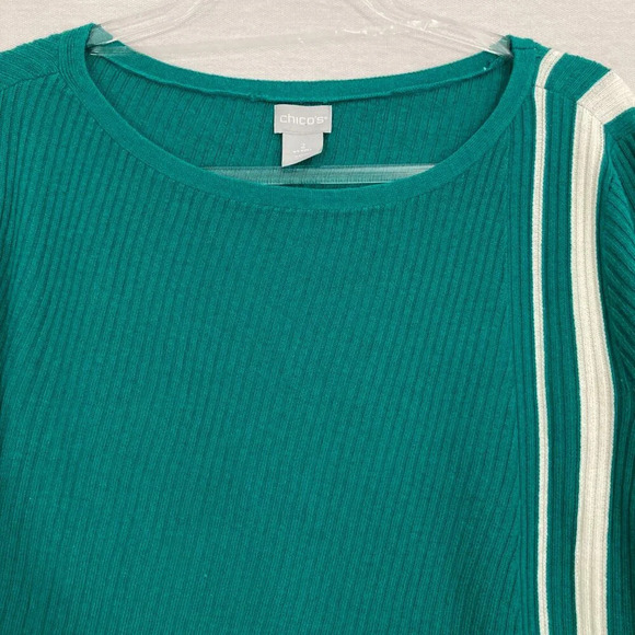 Chico's Green White Striped Round Neck Asymmetric Hem Tight Knit Sweater Large/2 - Picture 5 of 12